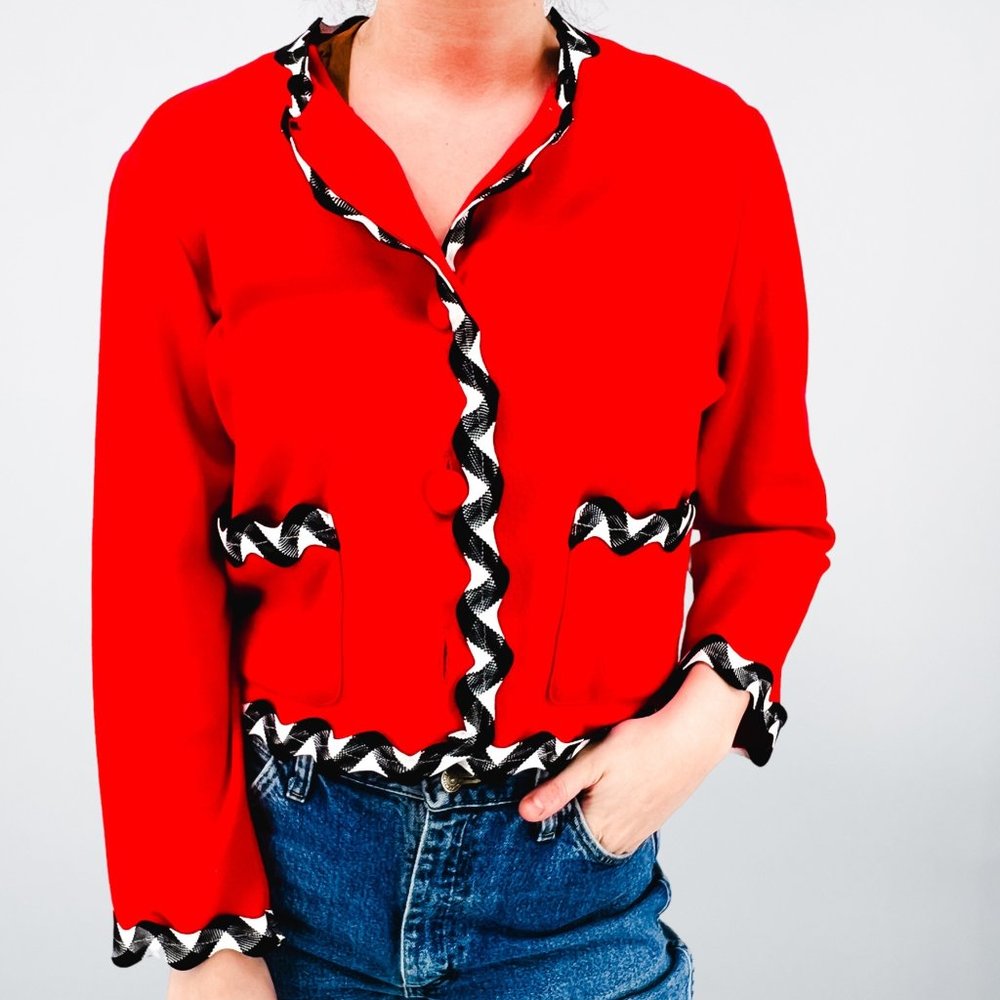 Vintage Outlander Red Button Up Cardigan with Wavy Trim - Size L